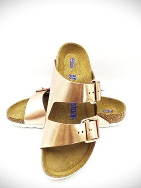 BIRKENSTOCK Arizona Birko-Flor Slide Sandal in Gold Synthetic Leather Sz 39/8